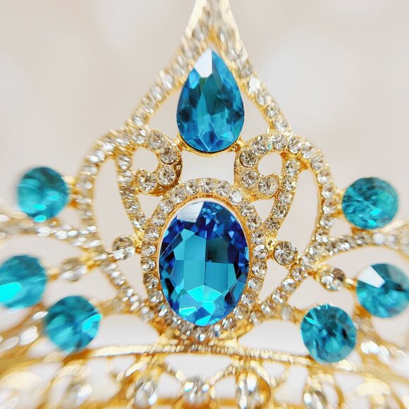 Gold crystal tiara, blue crystal crown, birthday princess tiara, vintage crown main image 8